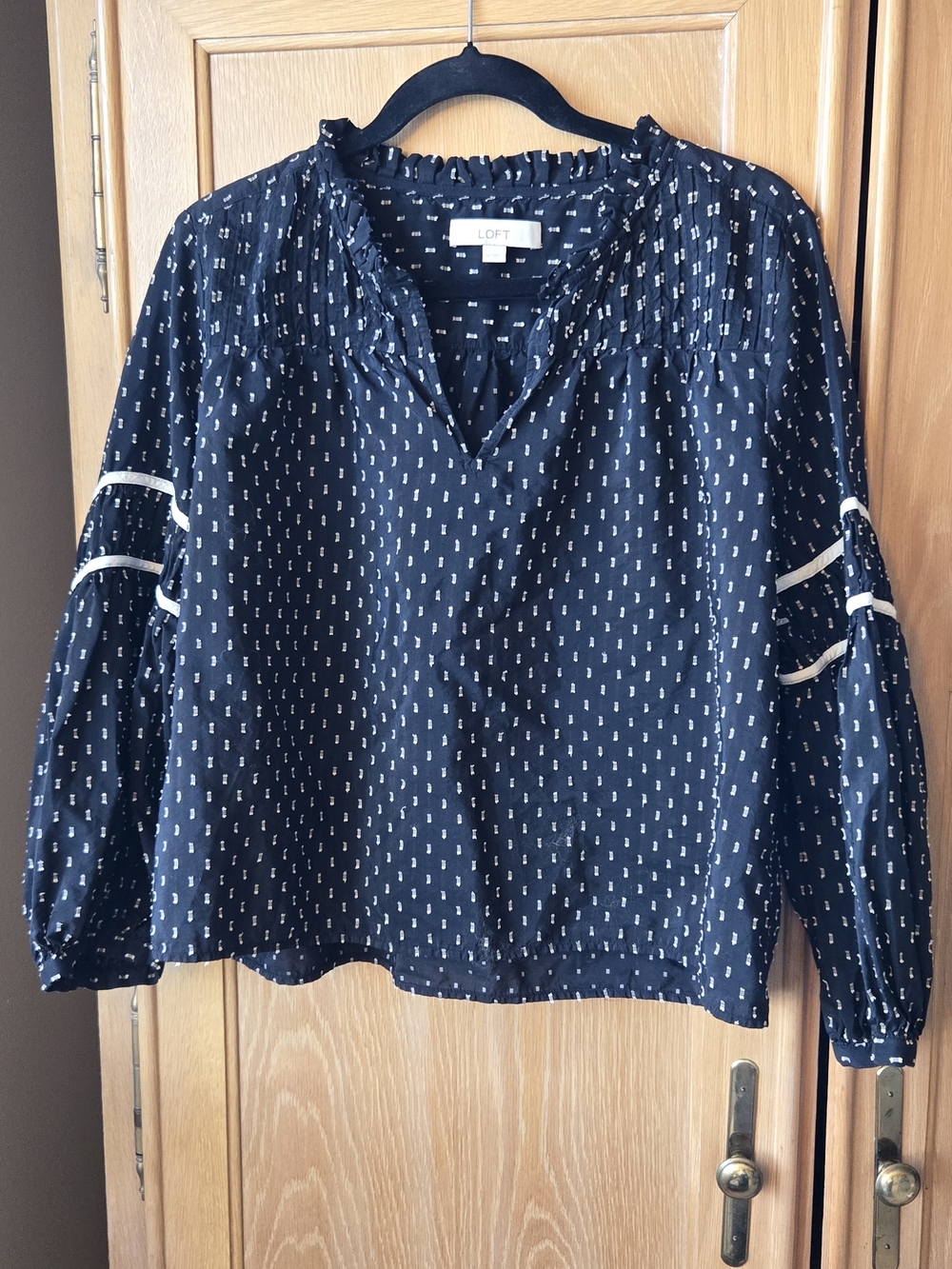 LOFT Black Blouse with Ivory Dot Trim